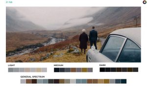 Fig. 4+5: Fig. 4-5: Screengrabs fra henholdsvis den grafiske designer Roxy Radulescus blog Movies in Color og Frederic Brodbecks projekt Cinemetrics; Radulescu har analyseret en frame fra Skyfall, mens Brodbeck har arbejdet med bl.a. farvepalletten i Quantum of Solace (Forster, 2008). Som det fremgår, optræder den orange også mod slutningen af den 22. Bond-film. Radulescu siger om baggrunden for at starte Movies in Color, hvor hun analyserer farvepaletter i specifikke filmindstillinger: The idea started when I was watching Skyfall. I was taken with the cinematography and use of color more so than the story itself. I wanted to find out what colors made up certain stills and after making a few color palettes for Skyfall, took it a step further by extending it to all films and starting a blog.