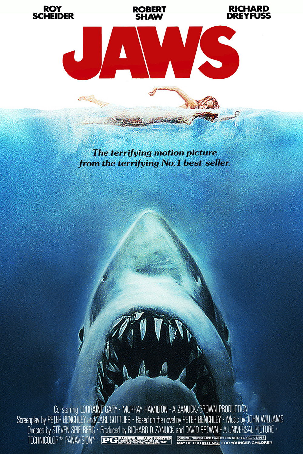 Fig. 2-3: To kulørte og effektive genrefilm, som indvarslede Hollywoodfilmens renæssance i slutningen af 1970’erne – og som pegede for nye tider for genrefilmen og de store franchises. Billedpar: Jaws (1975) og Star Wars (1977).