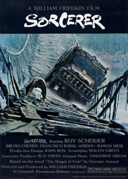 Fig. 1. Sorcerers filmplakat, der blev designet af Richard L. Albert, indkapslede den ene af de to lastbilers livsfarlige brokrydsning i junglen.