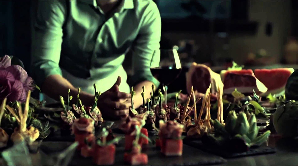 Fig. 8: In season 2, episode 6 we see Lecter making these delicious appetizers that look like something from a cooking show. But the aesthetics in these cooking scenes are still both dark and stylish.