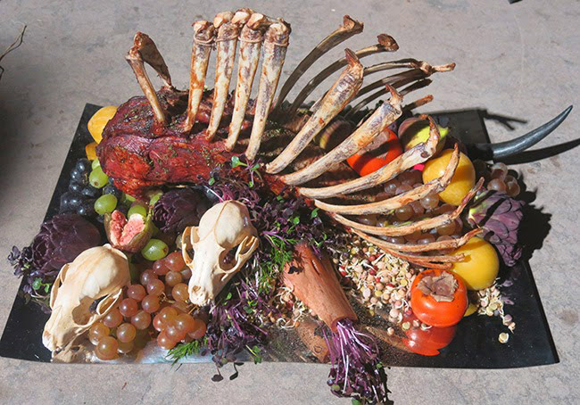 Fig. 10: Poon’s lavish and unsettling rack of lamb from the season 2 finale. Notice how the skulls are incorporated and how the upper ribs have been tied together to resemble a pair of praying hands.