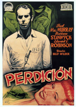 Fig. 2: Den skrottede henrettelsesscene har fundet vej til denne denne smukke, let surrealistiske spanske plakat til Double Indemnity kreeret af Lopez Reiz.