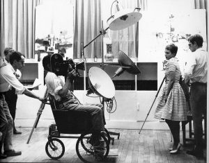 Fig. 11. Adieu au langage continues Godard’s history of self-imposed aesthetic ‘poverty’ – here he is pushing Raoul Coutard in a wheel chair on the set of À bout de souffle.
