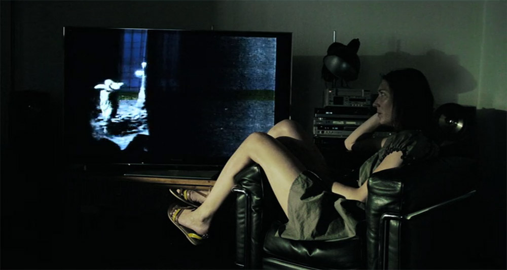 Fig. 13. The scene from Metropolis where Rotwang chases Maria is replayed on a screen in Adieu au langage.