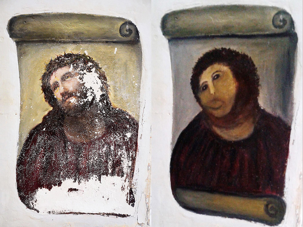 Fig. 9: Kalkmaleriet af Jesus før – og efter – ”restaureringen”. I dag har kirken, hvor det findes, flere besøgende end nogensinde og tager entré.