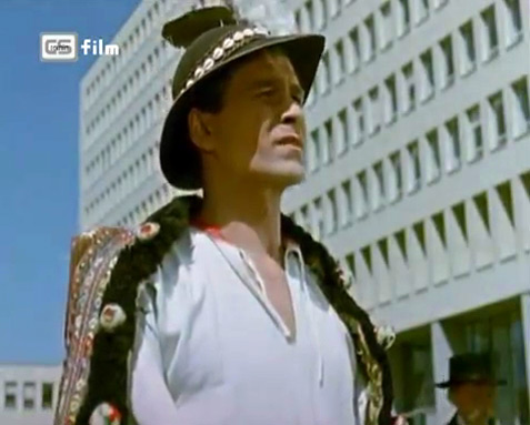 Fig. 9: Native Land (dir. Josef Mach, 1954). Martin Ťapák (here in the role of Martin) made a name for himself as a director of comedic Slovak folk-operas in the 1970s, but before then, he was a dancer and singer in various Socialist Realist folk productions, like Native Land. Note the contrast between modern Bratislava and Martin’s traditional garments.