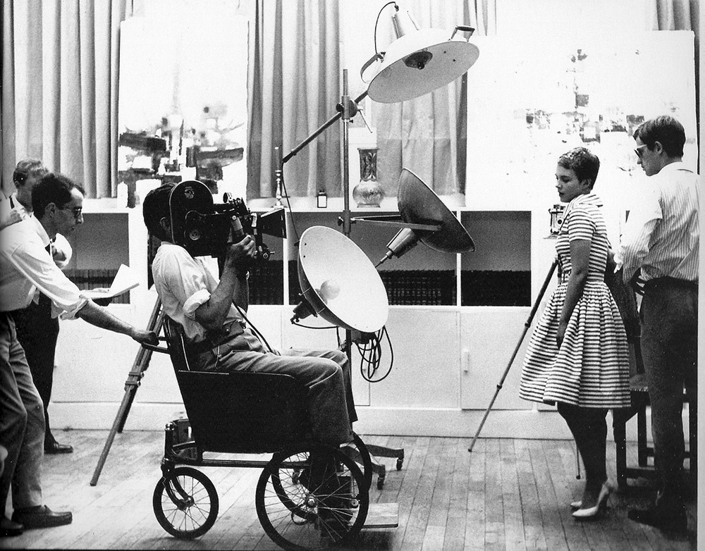 Fig. 11. Adieu au langage continues Godard’s history of self-imposed aesthetic ‘poverty’ – here he is pushing Raoul Coutard in a wheel chair on the set of À bout de souffle.